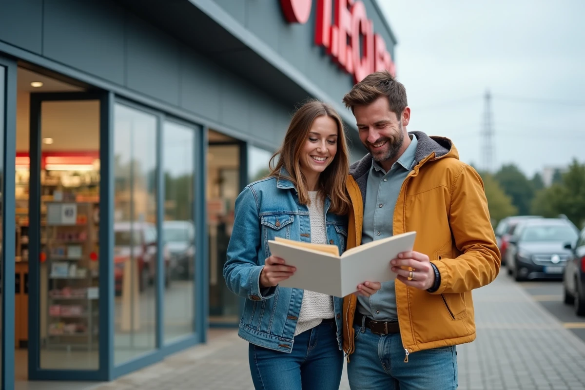 Couple consultant une brochure de voyages devant un hypermarché Leclerc à Nantes pour réserver un séjour dernière minute à petit prix