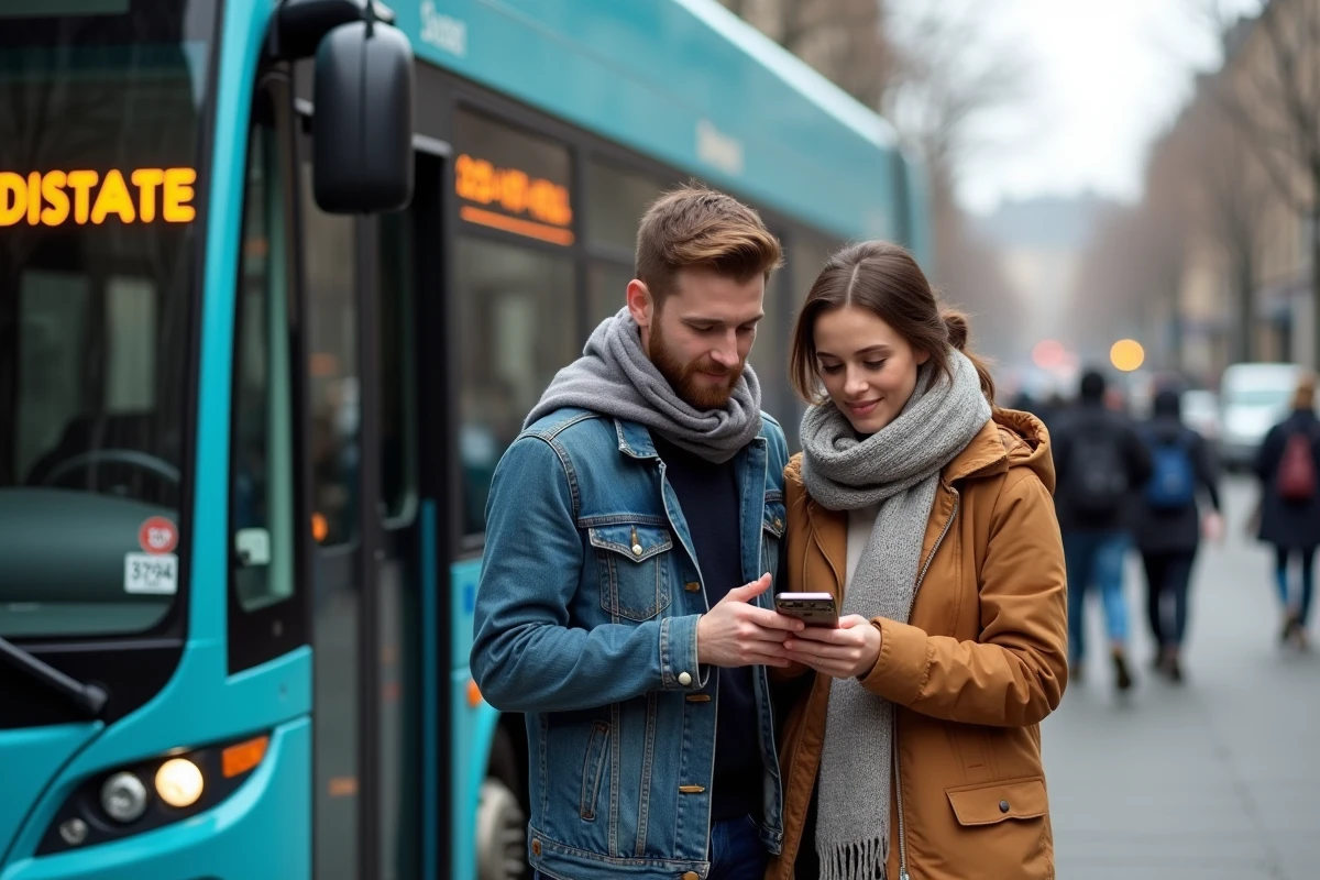 Couple comparant les options de transport économique en bus pour le trajet Montréal New York devant un autocar