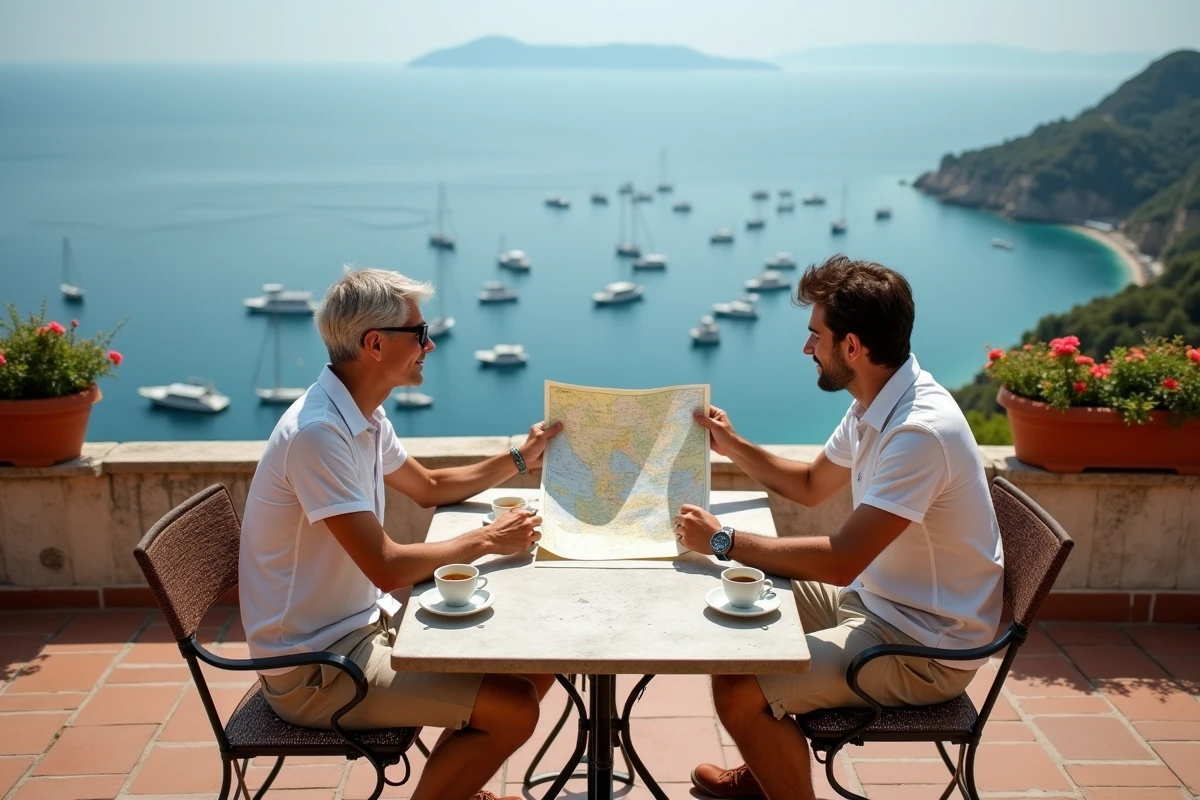 Couple consultant une carte de voyage en terrasse avec vue panoramique sur une baie côtière italienne