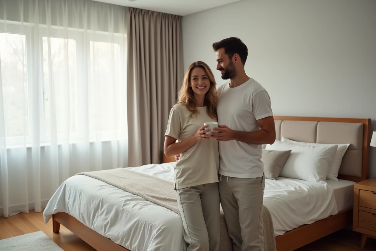 Couple souriant dans une chambre avec un grand lit king size, ambiance matinale décontractée et décoration contemporaine