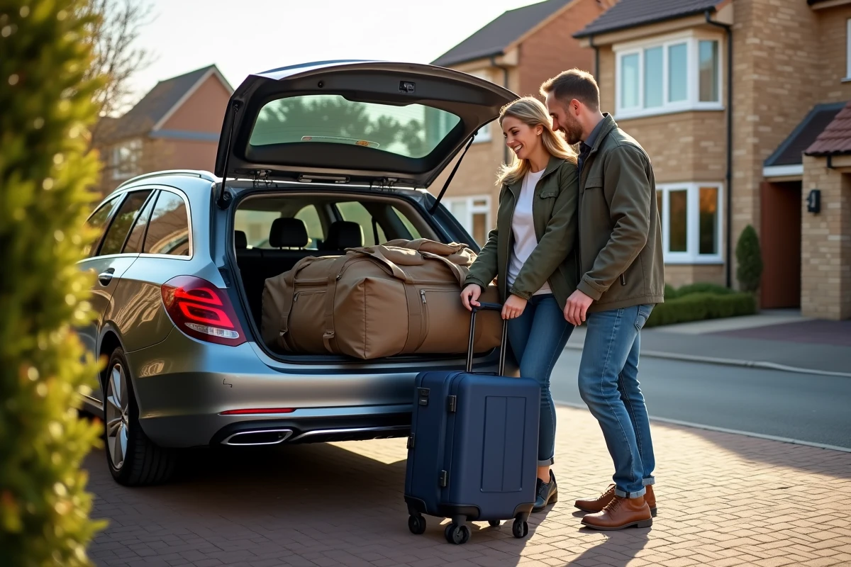 Couple chargeant des bagages dans le coffre d'un break familial avant un départ en road trip