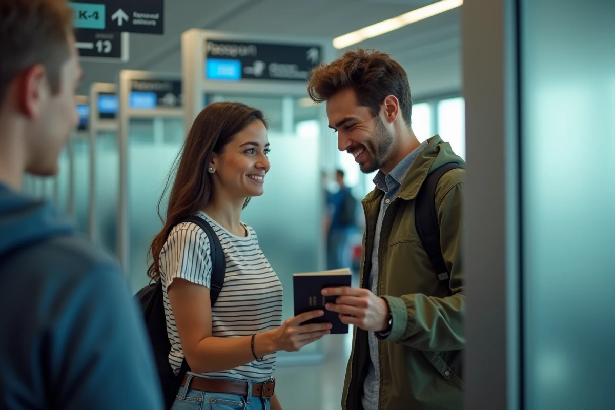 Couple de voyageurs présentant leurs passeports au contrôle des frontières dans un aéroport international