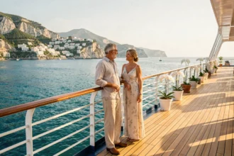 Couple élégant sur le pont avant d'un paquebot de croisière de luxe face à la côte méditerranéenne