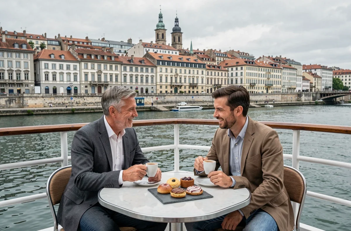 Couple profitant d'une pause café en terrasse sur un bateau de croisière amarré quai de Bondy à Lyon avec vue sur le Vieux-Lyon et les toits Renaissance