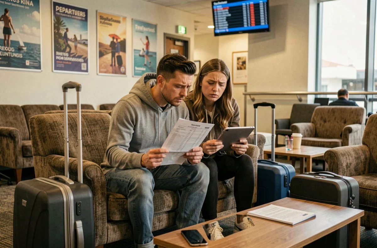 Couple de voyageurs inquiets consultant un itinéraire de vol et un planning sur tablette dans un salon d'aéroport régional