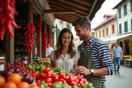Couple en vacances au Pays basque explorant un marché local avec des piments d'Espelette et des produits artisanaux