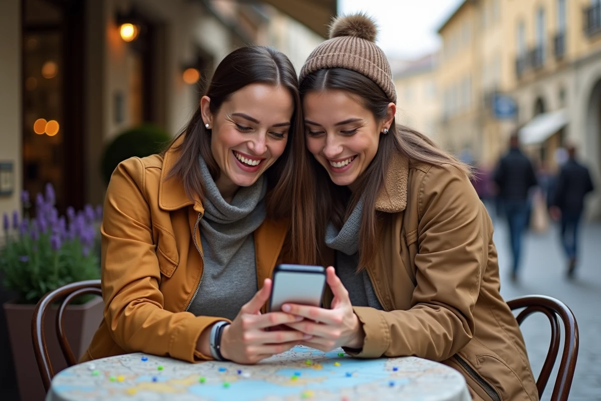 Couple planifiant un itinéraire de voyage sur Google My Maps avec un smartphone dans un café en plein air