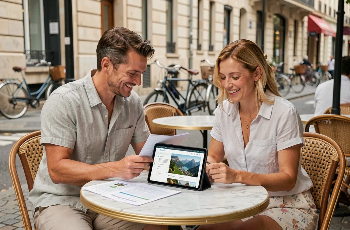Couple planifiant des vacances clé en main avec un devis voyage sur tablette en terrasse de café