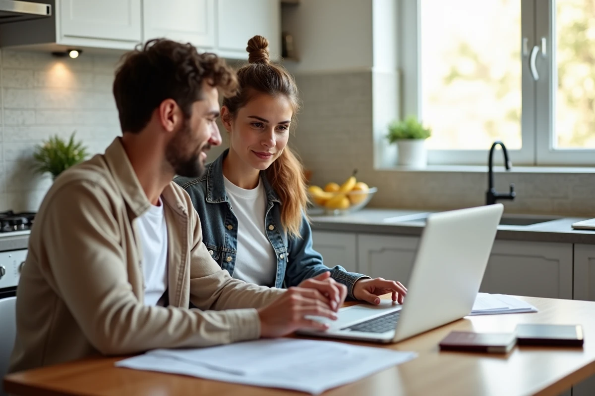 Couple préparant ensemble une demande de visa australien sur ordinateur portable avec passeports et documents d'assurance