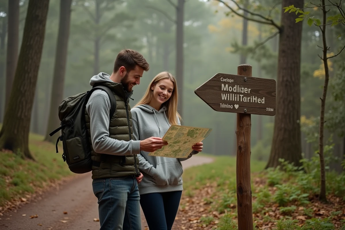 Couple examinant une carte de randonnée devant un panneau de sentier en forêt pour un voyage nature éco-responsable