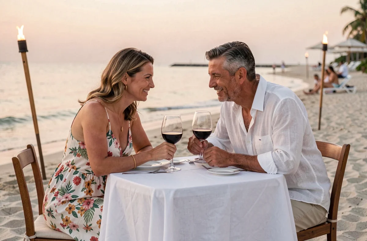Couple en séjour romantique tout compris dînant au bord de la plage dans un hôtel Selectour
