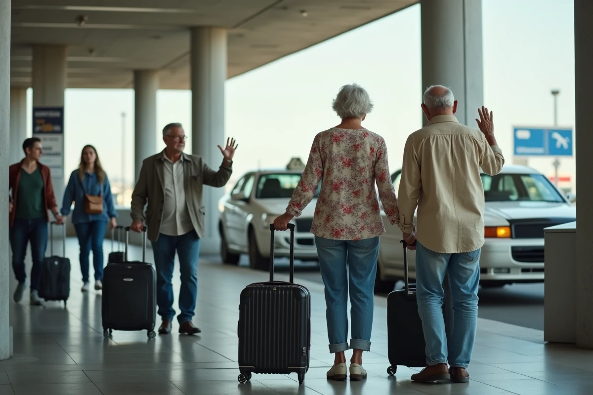 Un couple de personnes âgées faisant charger leurs bagages dans un taxi devant un terminal d'aéroport