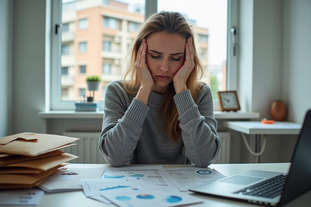 Jeune femme stressée face au coût de la vie élevé à Sydney, entourée de documents de loyer et de listes de prix, illustrant les difficultés économiques en Australie