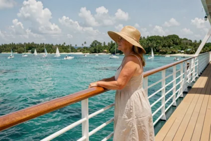 Femme sur le pont d'un bateau de croisière aux Caraïbes admirant une baie turquoise depuis le bastingage