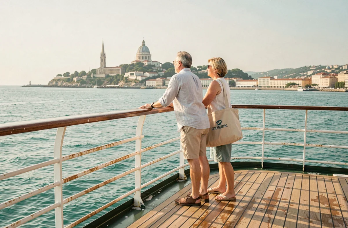 Couple sur le pont d'un bateau de croisière observant le panorama de Marseille depuis la mer