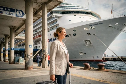 Voyageuse avec valise devant un paquebot de croisière au terminal de Marseille