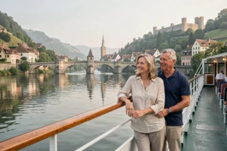 Couple en croisière fluviale sur un bateau de rivière en Europe, contemplant un village médiéval depuis le pont supérieur