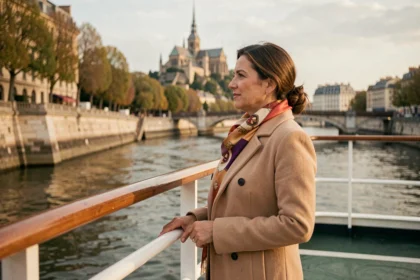 Femme élégante portant un foulard Hermès sur le pont d'un bateau de croisière sur la Saône à Lyon avec la basilique de Fourvière en arrière-plan