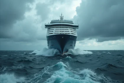 Paquebot de croisière en mer agitée sous un ciel orageux, illustrant les conditions météorologiques défavorables pendant les mauvais mois pour partir en croisière