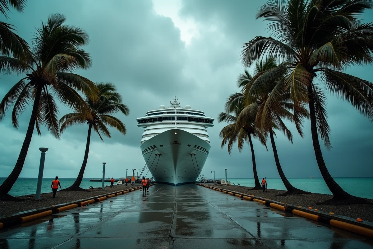 Bateau de croisière amarré dans un port tropical sous une tempête tropicale avec des palmiers courbés par le vent, illustrant les risques des croisières pendant la saison des ouragans