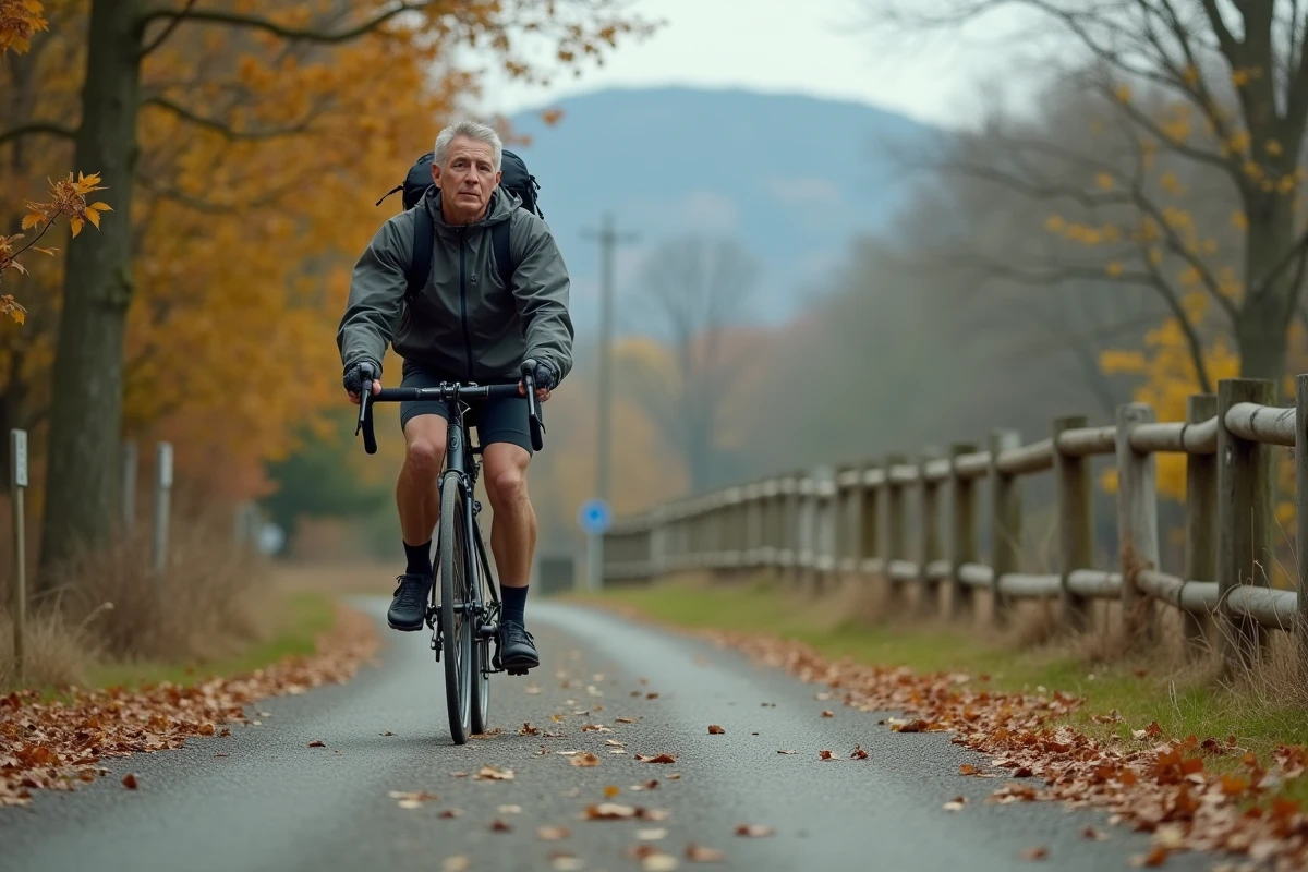 Cycliste sur une voie verte en automne avec vélo de randonnée chargé, symbole du tourisme doux et écologique