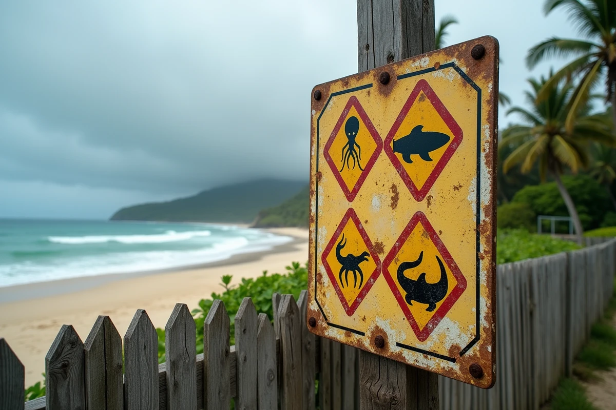 Panneau d'avertissement australien signalant des dangers naturels comme les méduses, crocodiles et requins près d'une plage du Queensland