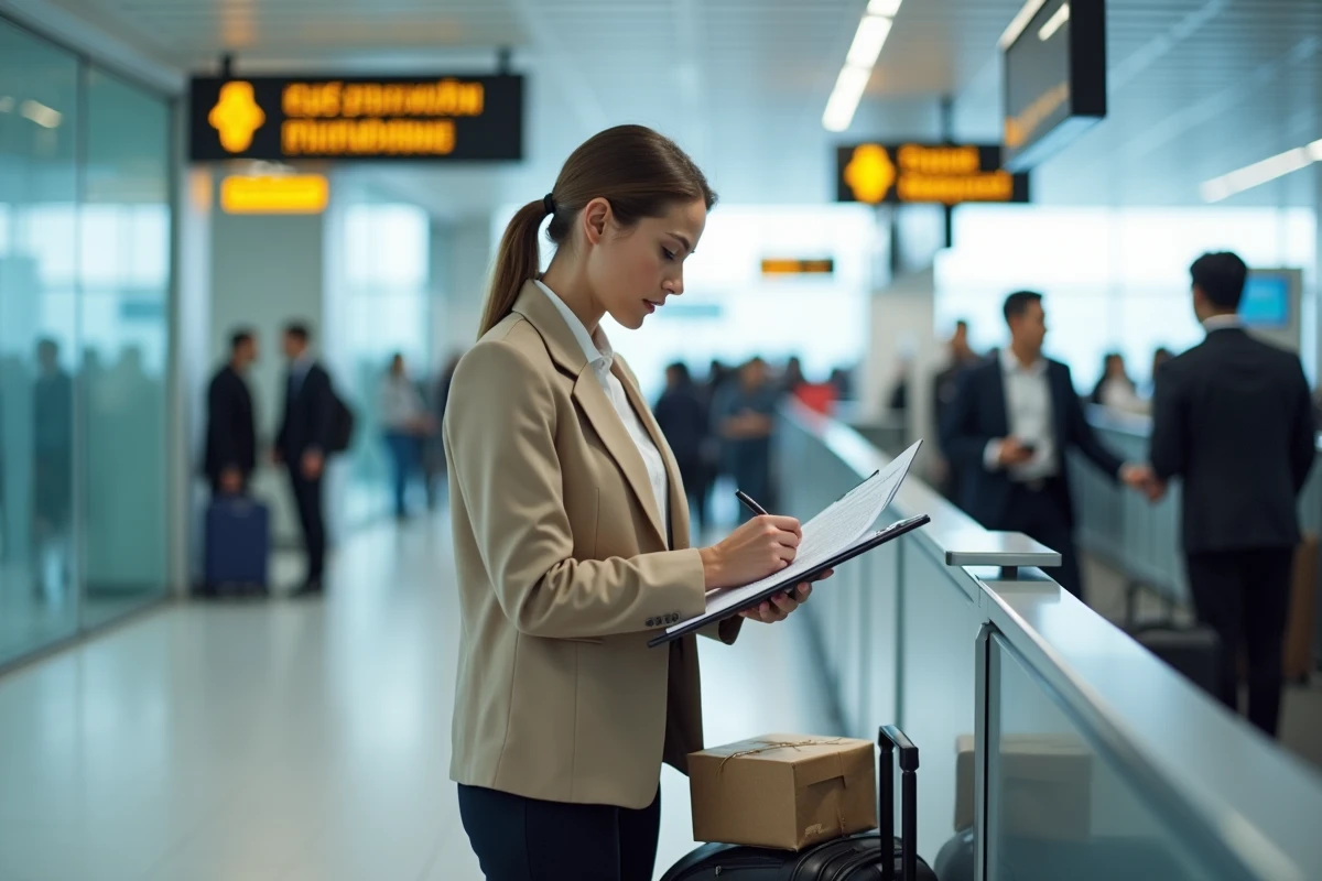 Femme d'affaires remplissant un formulaire de déclaration de marchandises à la douane d'un aéroport international