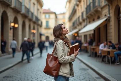 Femme explorant une ville européenne avec un carnet de notes, découvrant l'architecture urbaine dans une rue pavée animée