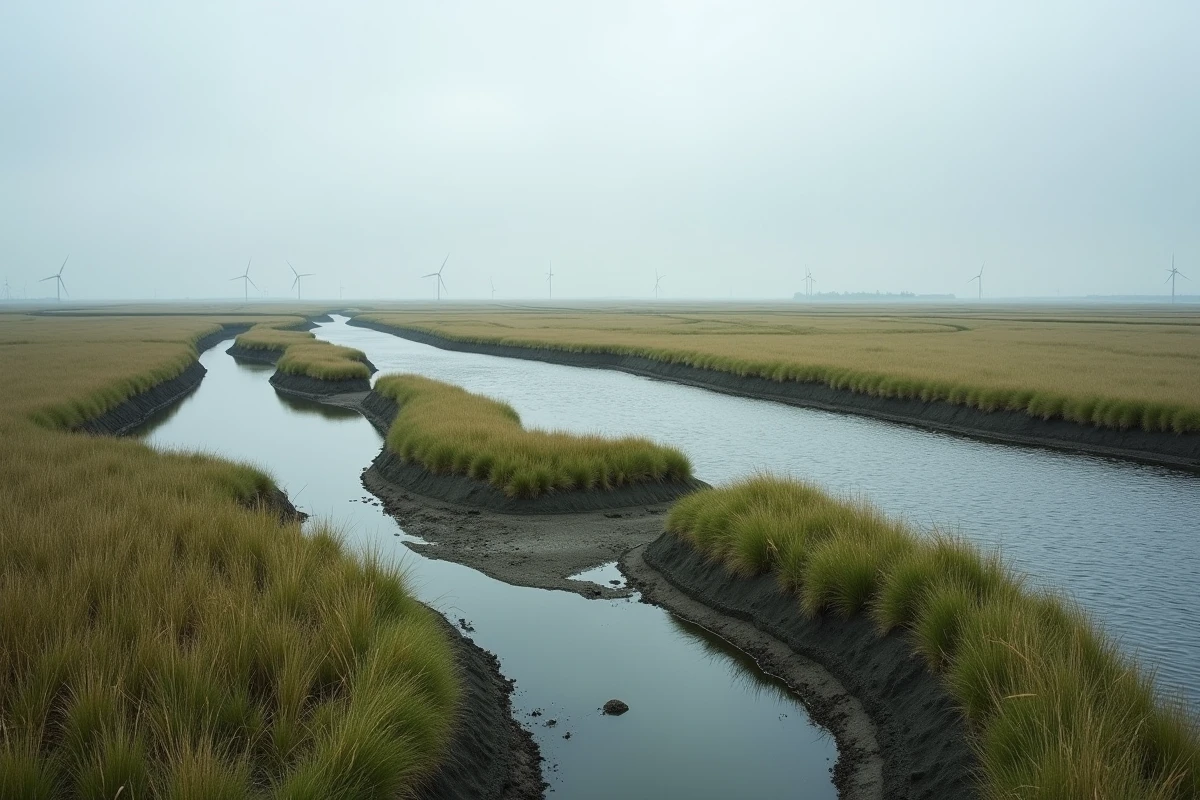 Paysage du delta du Rhin aux Pays-Bas avec marais de roseaux, digues et canaux entrelacés sous un ciel nuageux