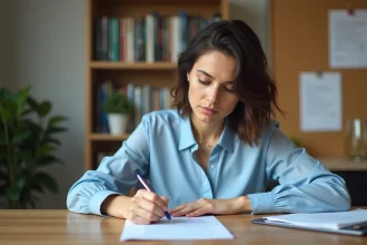 Femme remplissant un formulaire de demande de passeport à son bureau à domicile