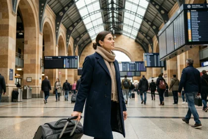 Femme tirant un sac de ski dans une grande gare parisienne pour partir aux sports d'hiver en train