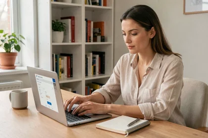 Femme remplissant un formulaire de devis voyage en ligne sur un ordinateur portable dans un bureau à domicile