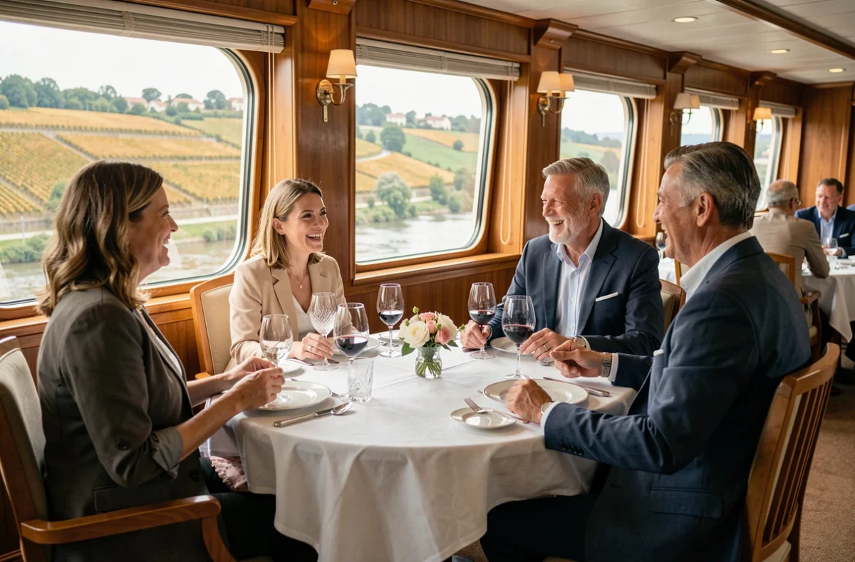 Passagers dînant à bord d'une croisière fluviale avec vue sur les vignobles depuis les hublots panoramiques