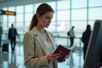 Femme tenant un passeport et une carte d'embarquement au comptoir d'enregistrement d'un aéroport international