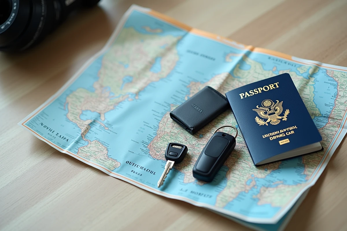 Passeport français, permis de conduire international et clés de voiture de location posés sur un bureau pour un voyage aux États-Unis
