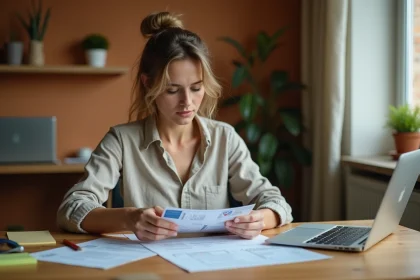 Femme préparant ses documents de voyage pour l'Australie, passeport et visa posés sur un bureau en bois