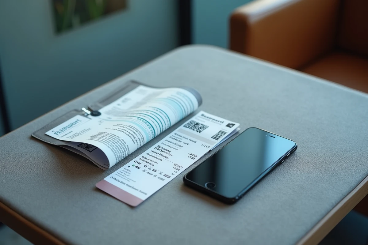 Passeport ouvert, carte d'embarquement papier et smartphone affichant un billet électronique posés sur une table de salon d'aéroport