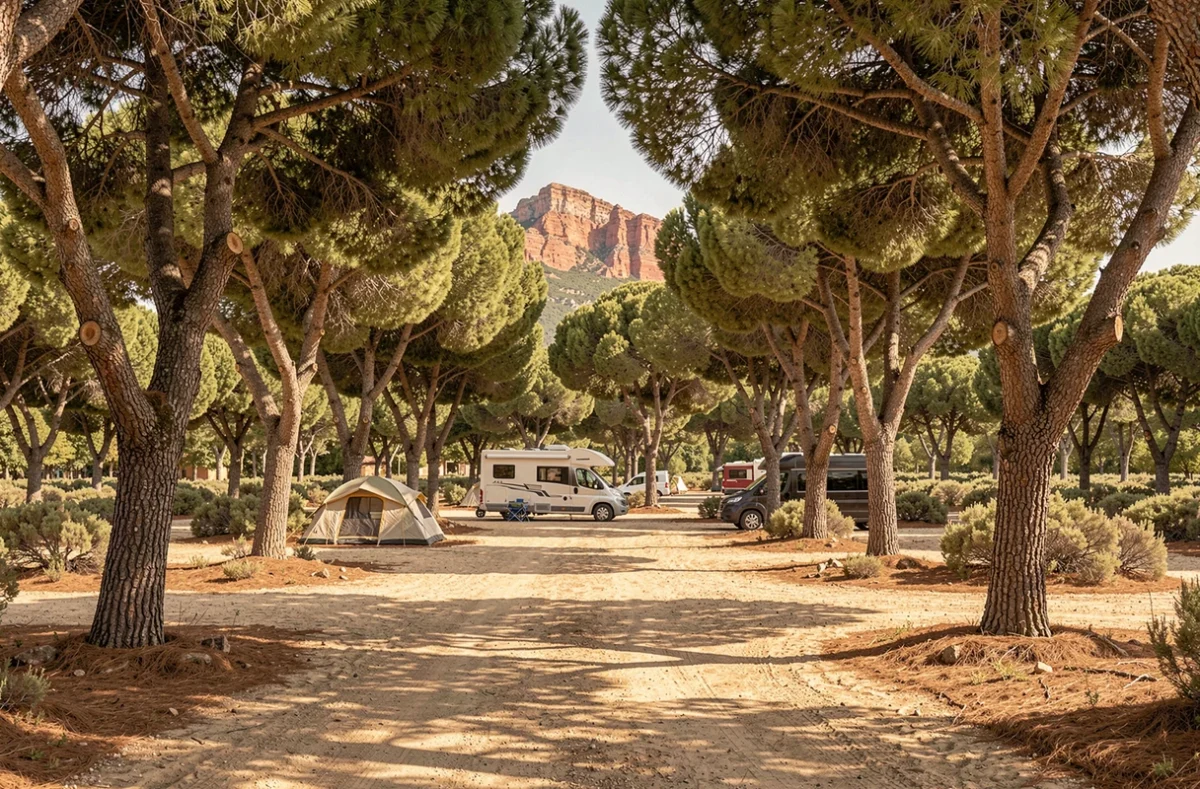 Emplacement spacieux sous les chênes-lièges au Domaine de la Bergerie à Roquebrune-sur-Argens avec le massif de l'Estérel en fond
