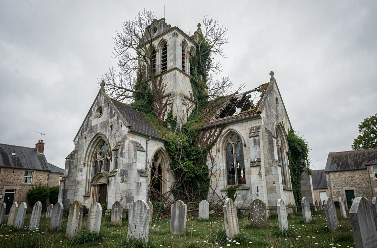 Église en ruines d'un village abandonné français avec clocher effondré et cimetière envahi par la végétation