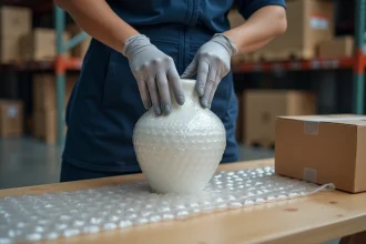 Professionnelle en logistique emballant un article fragile avec du papier bulle pour le fret aérien dans un entrepôt industriel