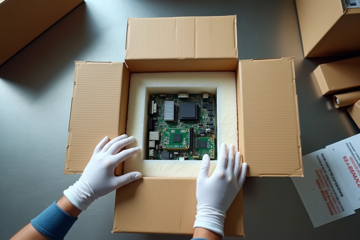 Gros plan sur l'emballage sécurisé d'un appareil électronique fragile avec mousse de protection pour transport aérien