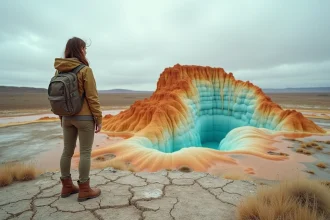 Voyageuse debout devant le geyser Fly Geyser au Nevada, formations minérales colorées dans un paysage désertique surréaliste