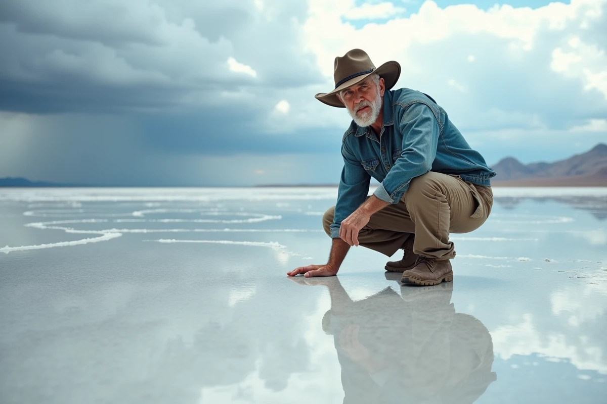 Géologue accroupi sur le salar d'Uyuni en Bolivie, surface miroir d'eau reflétant les nuages dans un paysage infini et désorientant