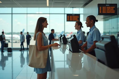 Une femme s'enregistrant au comptoir d'un aéroport international avant son vol TUI