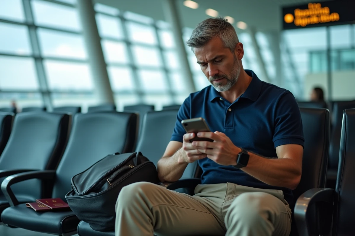 Un homme effectuant son enregistrement en ligne sur smartphone dans un salon d'aéroport TUI