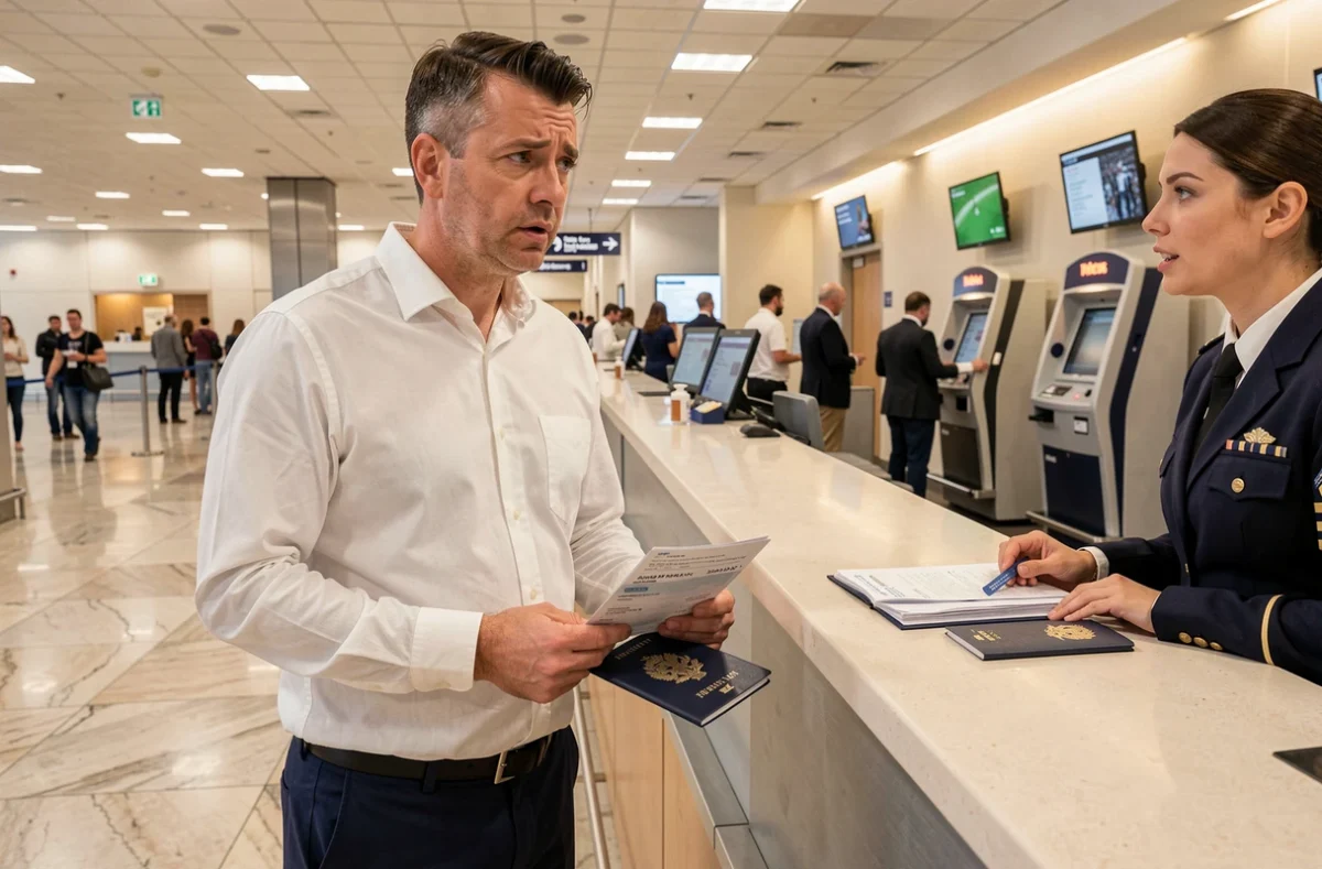 Voyageur confus au comptoir d'enregistrement d'une compagnie aérienne tenant des billets d'avion et un passeport