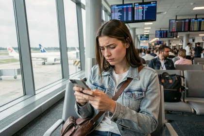 Jeune femme frustrée consultant une application de réservation de vol sur son smartphone dans un terminal d'aéroport