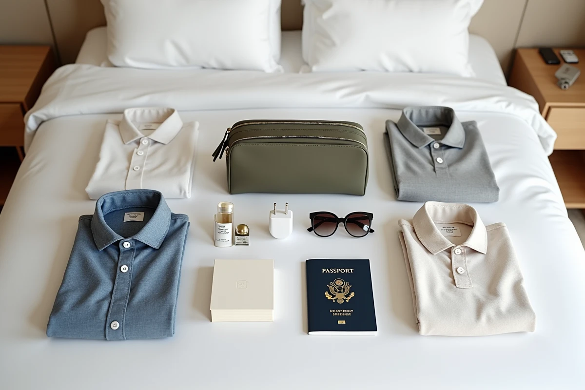 Vue de dessus d'un arrangement soigné d'essentiels de voyage posés à plat sur un lit blanc dans une chambre d'hôtel minimaliste