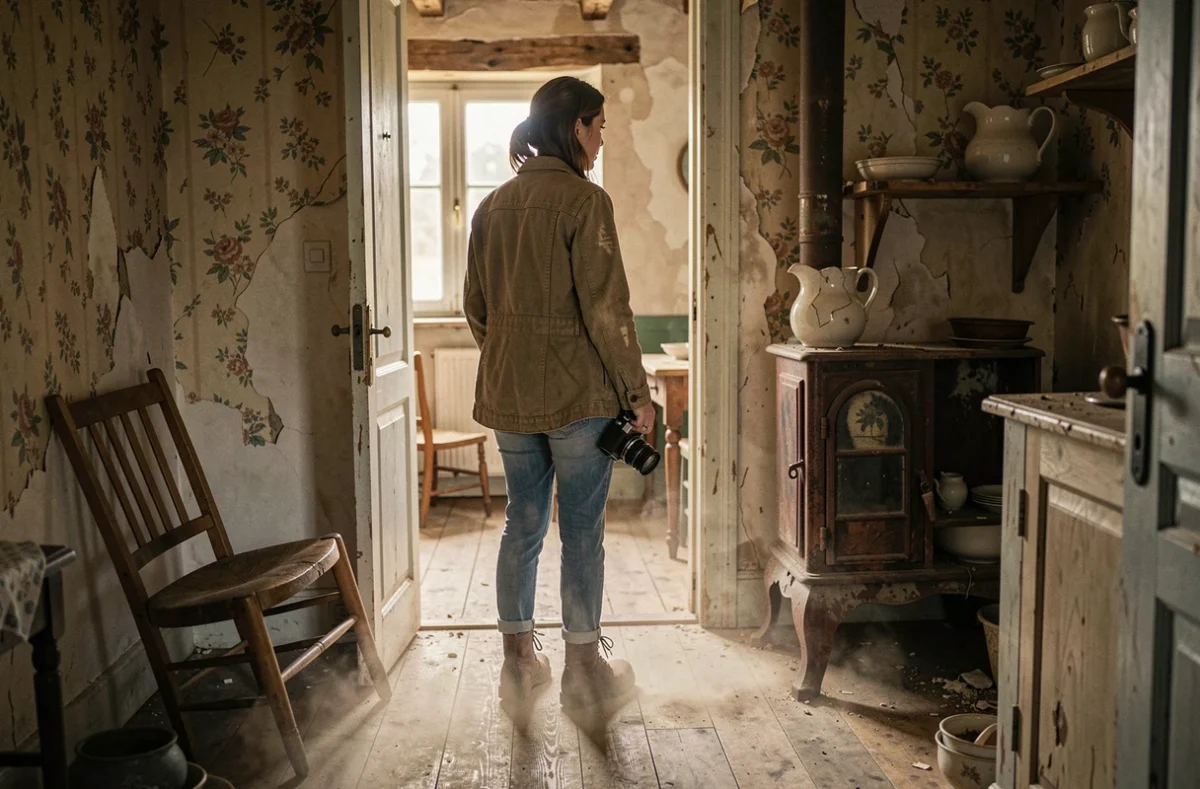 Exploratrice urbaine découvrant l'intérieur d'une ferme abandonnée dans un village français désert