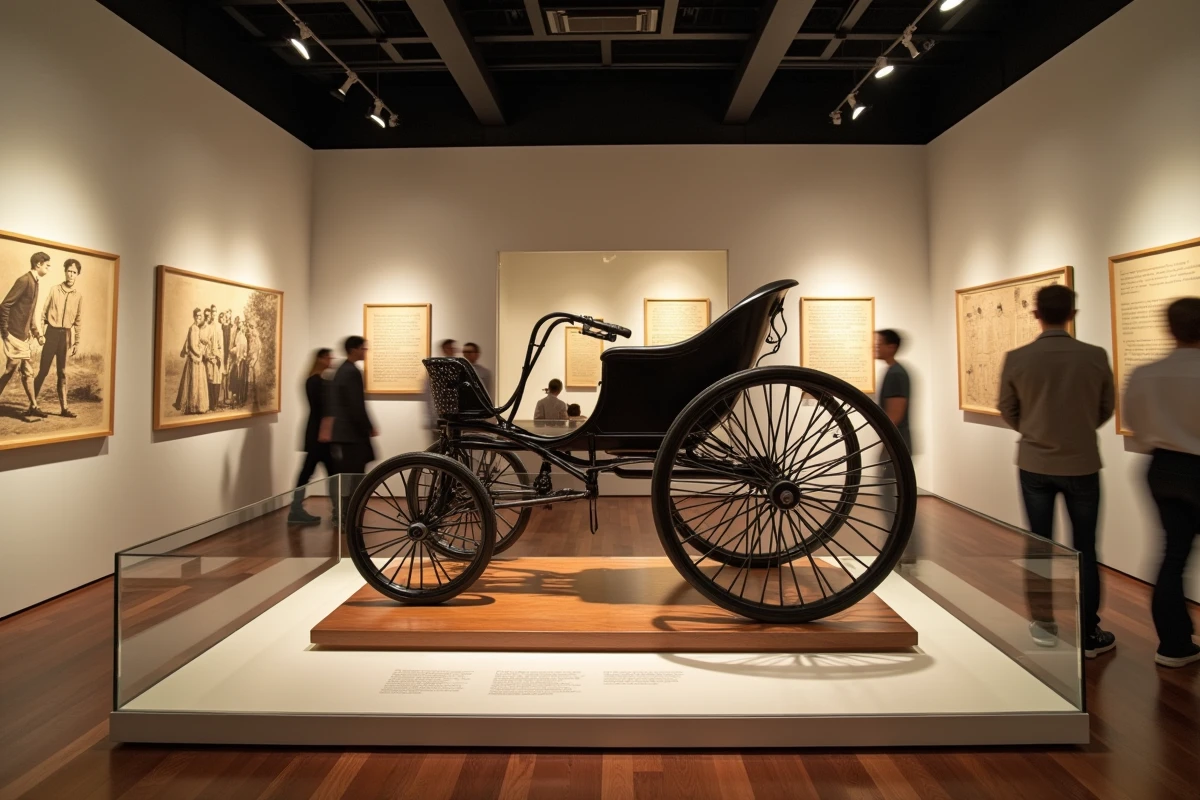 Exposition muséale consacrée à l'histoire et à l'invention du pousse-pousse avec un modèle restauré des années 1870